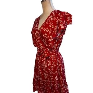 Hapsho Women’s Elegant Red Floral V-Neck Pull On Dress Elastic Waist Ribbon Tie